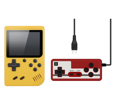 yellow console, red controller, USB cable