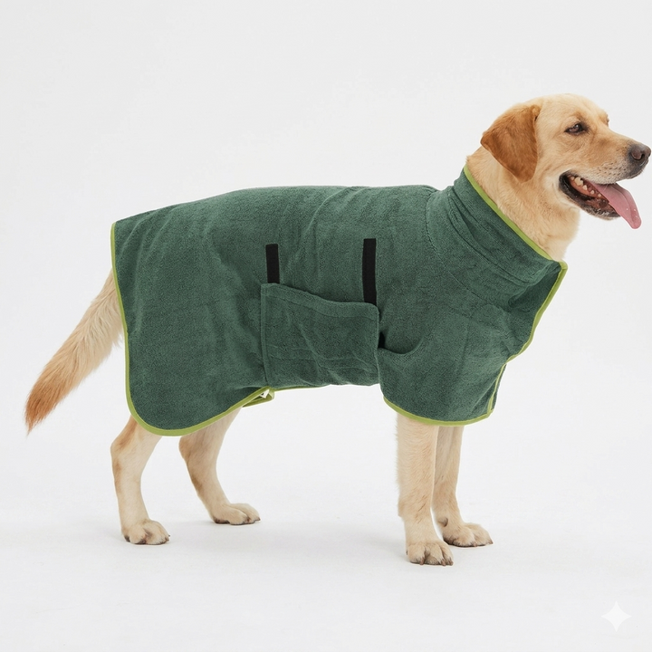 dog in green towel robe outdoors