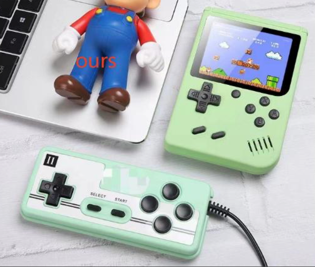 light green console, Mario figure, laptop