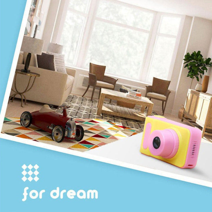 yellow and pink camera, interior scene