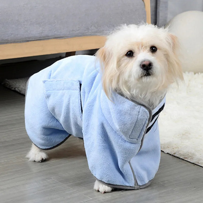 small dog in light blue towel robe