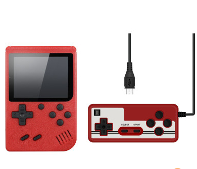 red game console, red controller, USB cable