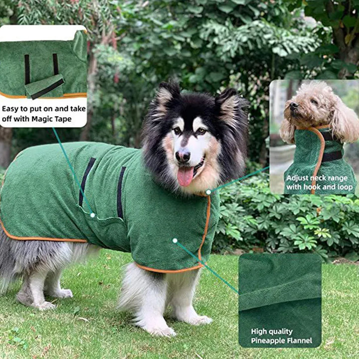 dog wearing green towel robe