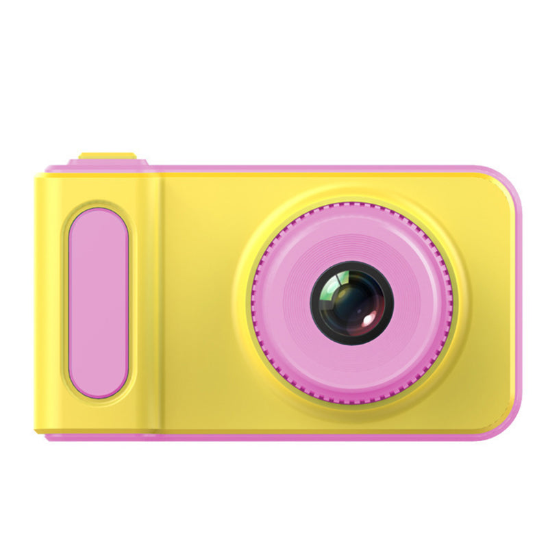 pink and yellow camera, rear view