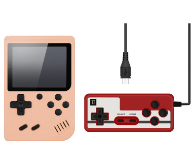 peach colored console, red controller, USB cable