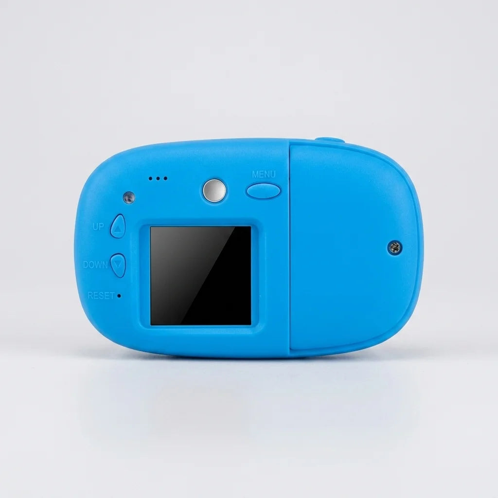A bright blue portable electronic device with a small black screen, photographed on a clean white studio background.