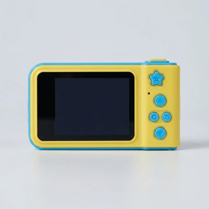 A compact digital camera with a bright yellow body and light blue trim