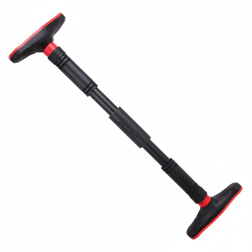 Adjustable pull-up bar for doorway installation, 65–100 cm width, black and red design with high-grip pads, ideal for home gym strength training