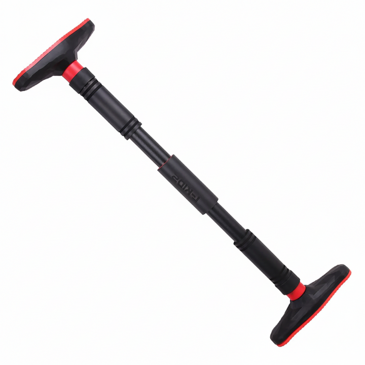 Adjustable pull-up bar for doorway installation, 65–100 cm width, black and red design with high-grip pads, ideal for home gym strength training