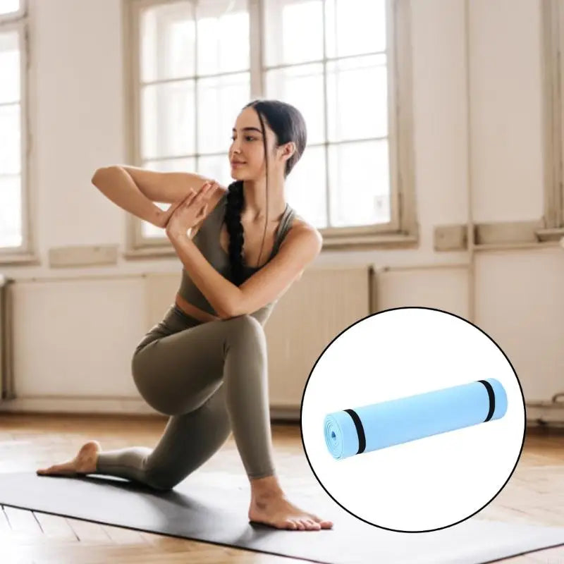 Non-slip blue pilates mat suitable for yoga, stretching, and gym exercises