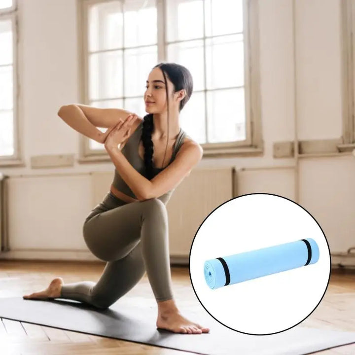 Non-slip blue pilates mat suitable for yoga, stretching, and gym exercises