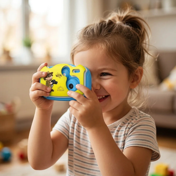 Child holding the Lilliput toy camera up to take a photo
