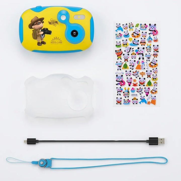 Kids camera set with case, animal stickers, USB cable and wrist strap

