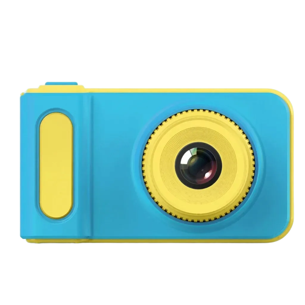 Kids digital camera in blue with lanyard, front view