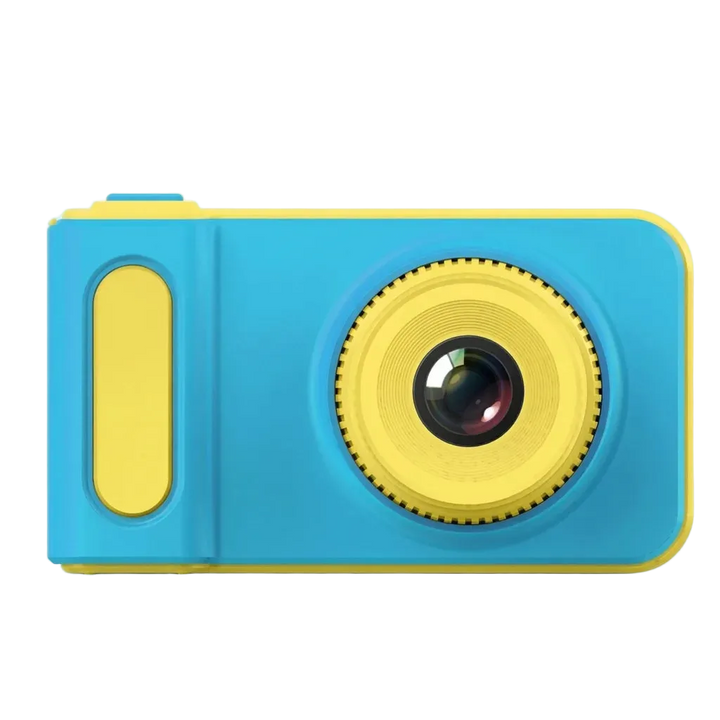 Kids digital camera in blue with lanyard, front view