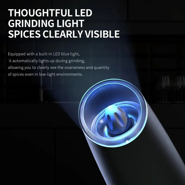 Built-in blue LED light illuminates spices during grinding for perfect visibility in low-light kitchens
