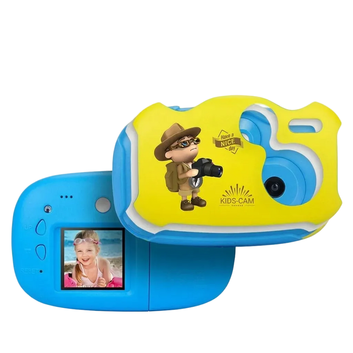 Lilliput toy camera in blue and yellow with carrying strap, front view
