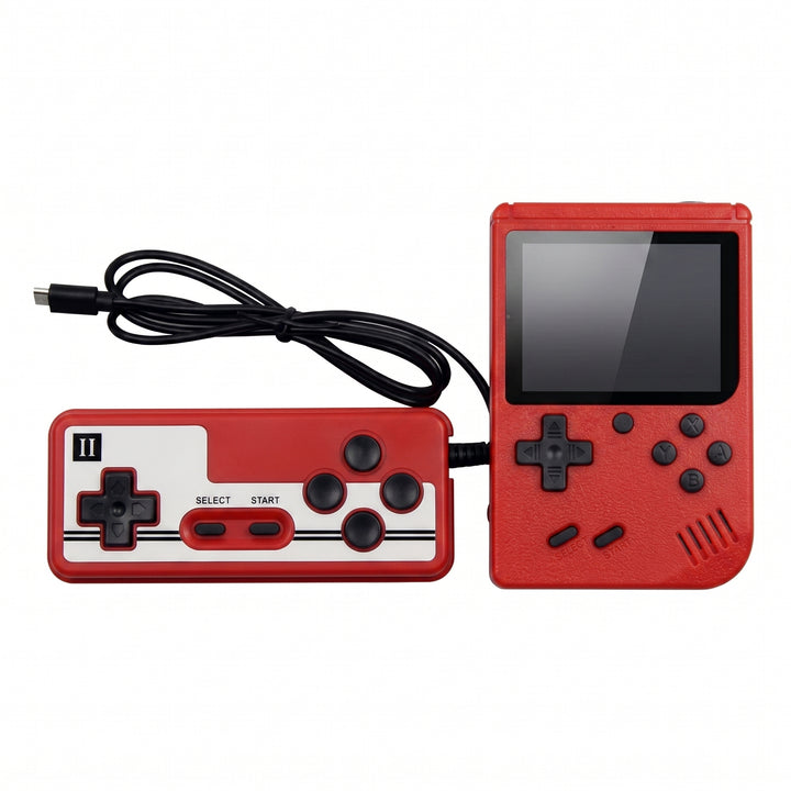 A red portable handheld game console shown with its matching wired controller on a plain white background. The console has a small screen, black buttons, and a red and white faceplate, with a black cable connecting the two pieces.