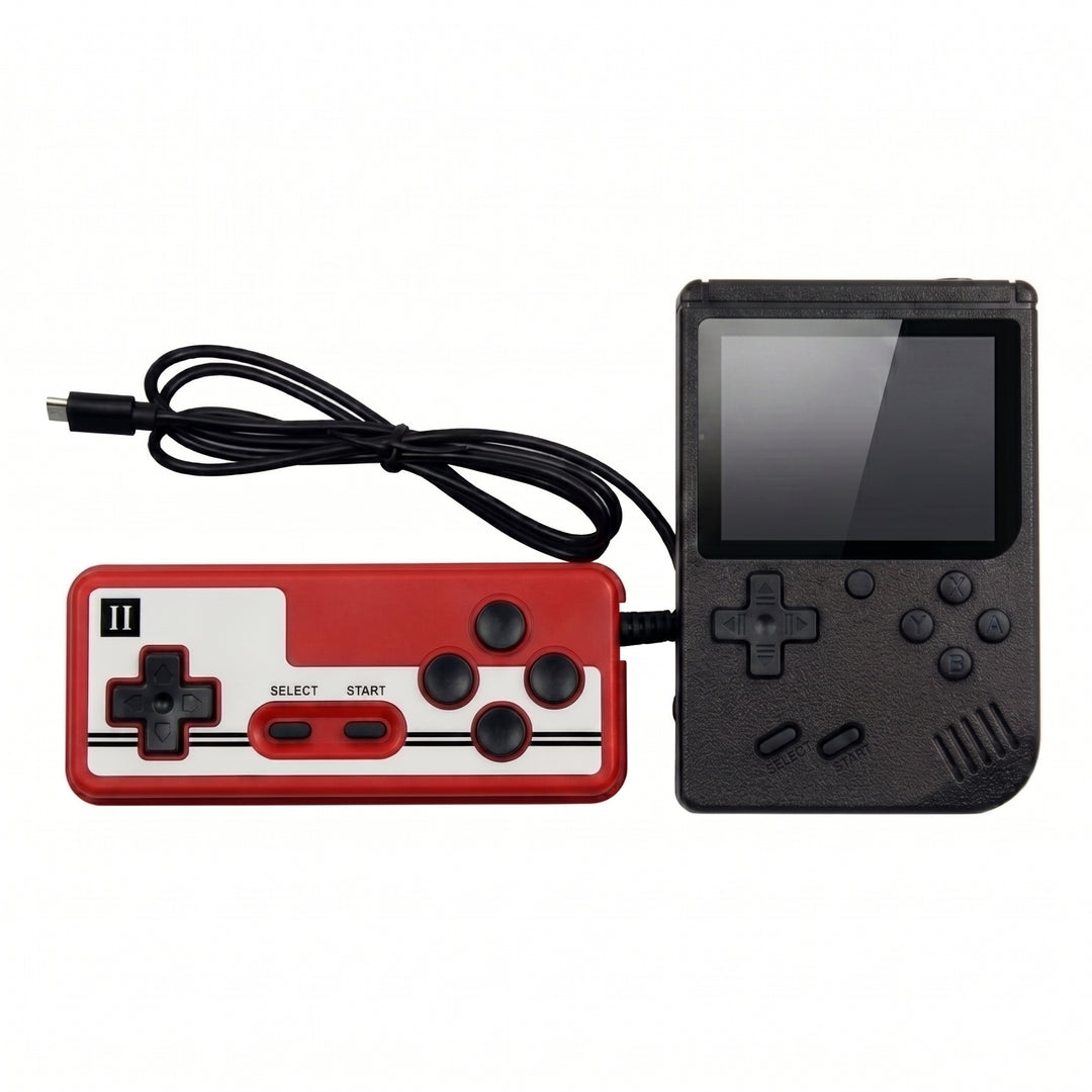 A retro-style handheld game console set with a red and white controller connected to a black handheld monitor via a black cable, shown on a plain white background.