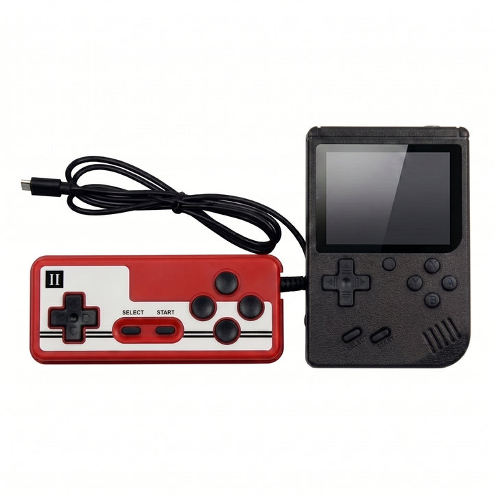A retro-style handheld game console set with a red and white controller connected to a black handheld monitor via a black cable, shown on a plain white background.