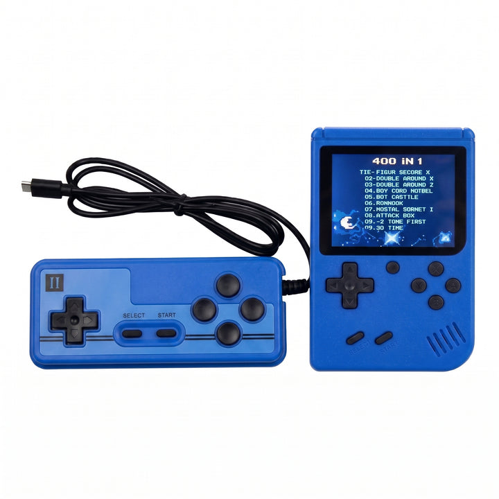 A blue 400-in-1 portable game console shown with its detachable controller and attached power cable on a plain white background.
