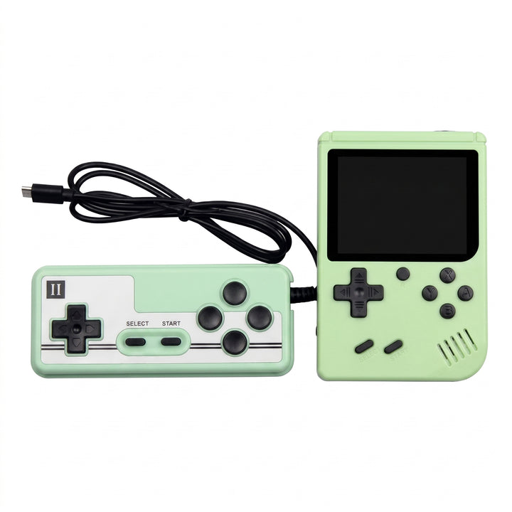 A retro-style handheld game console set in mint green, featuring a separate matching controller and a connected power cable, shown against a plain white background.