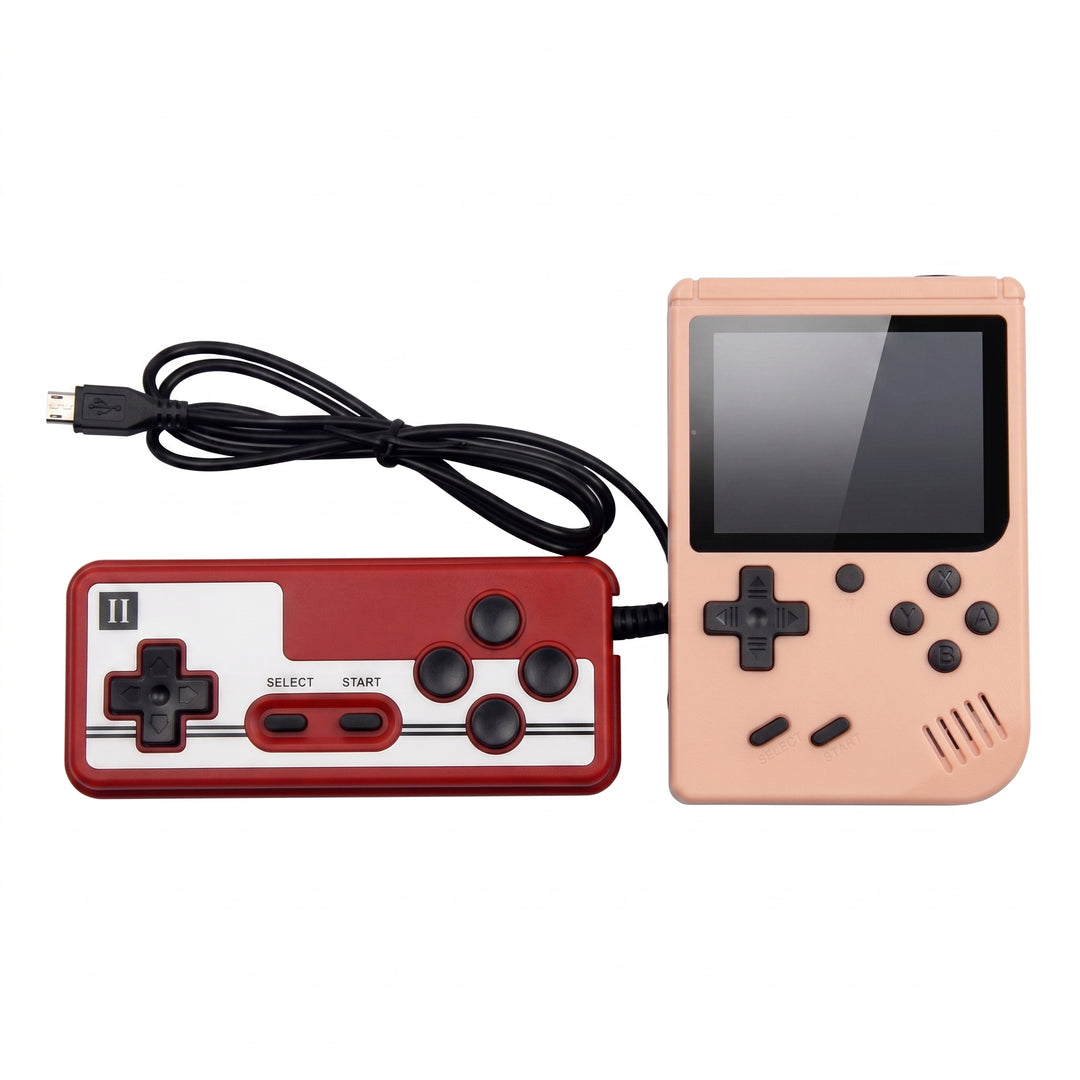 Two handheld retro game consoles on a plain white background: one red and one peach, each with a black wired controller. No person, animal, or real environment is present, so this is Product/Packaging.