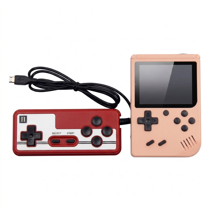 Two handheld retro game consoles on a plain white background: one red and one peach, each with a black wired controller. No person, animal, or real environment is present, so this is Product/Packaging.