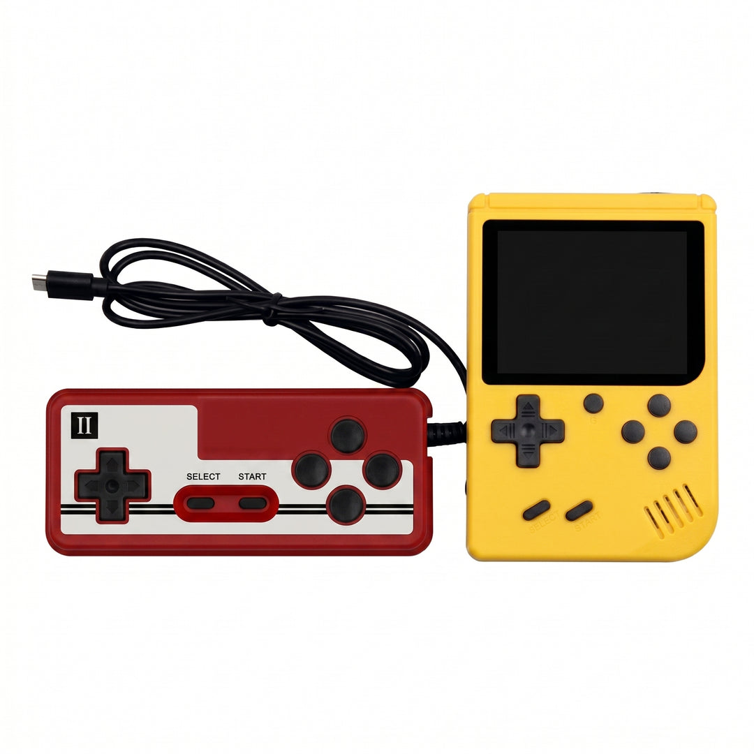 Two retro-style handheld game consoles on a plain white background: one red with a white front panel and black controls, and one yellow with black controls and a blank screen. A black cable connects them.