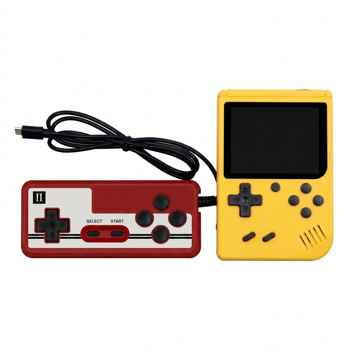Two retro-style handheld game consoles on a plain white background: one red with a white front panel and black controls, and one yellow with black controls and a blank screen. A black cable connects them.
