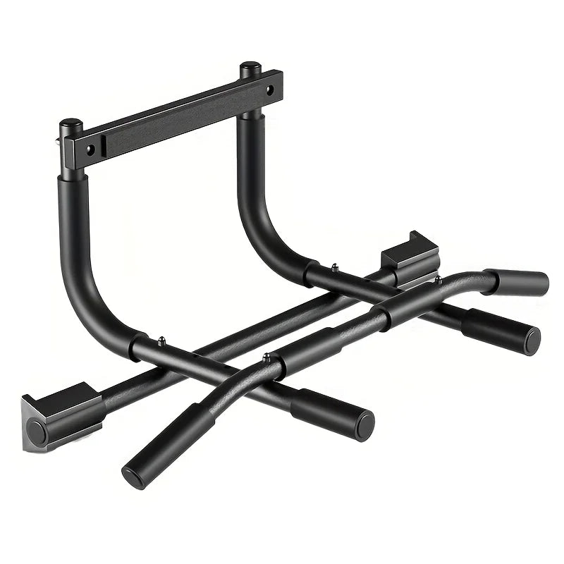 Black steel doorway pull-up bar with foam grips and sturdy frame for home gym workouts