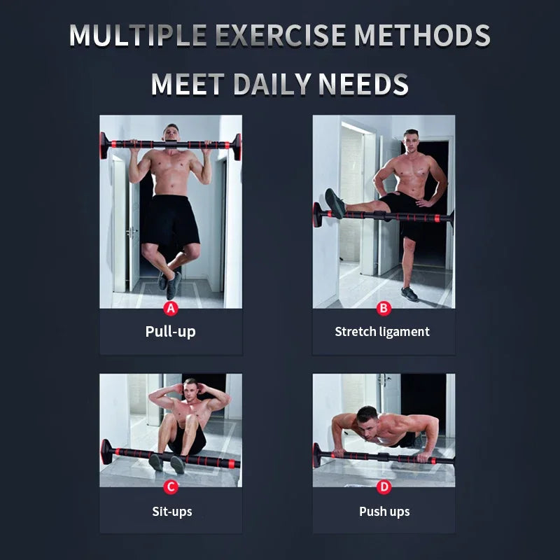 Adjustable pull-up bar designed for wide doorways (140–180 cm), strong steel construction, red and black color, ideal for tall users or larger frames