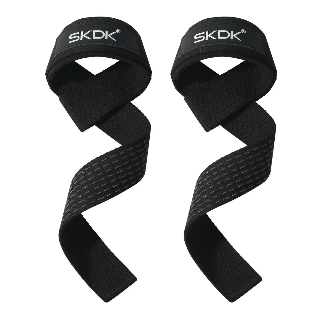 Black SKDK wrist straps – adjustable grip support for heavy lifting and fitness