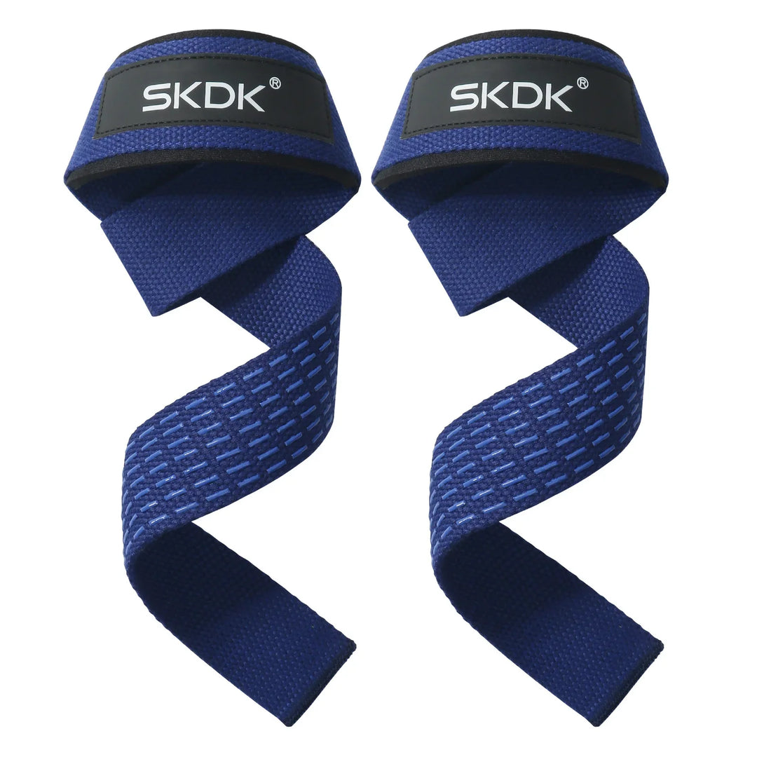 Navy blue SKDK wrist straps – premium strength training grip support