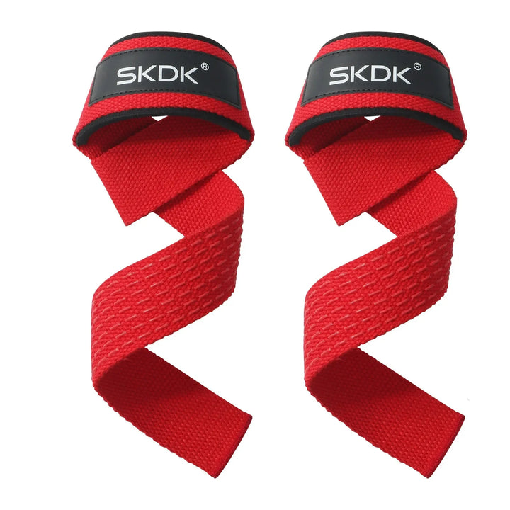Red SKDK wrist straps – strong non-slip grip for powerlifting and crossfit