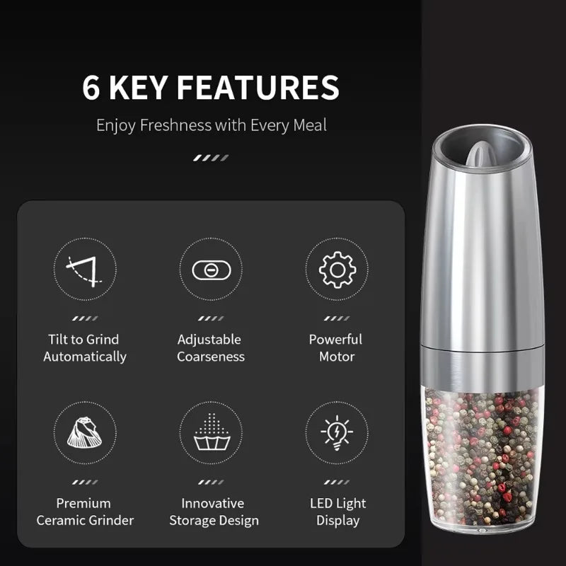 Gravity Electric Grinder Set – 2-piece salt and pepper mill with LED light, premium packaging, ready to gift