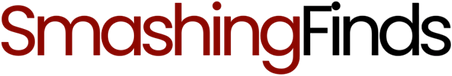 The logo for SmashingFinds, featuring the brand name in a stylized lowercase font with a dark red 'Smashing' and black 'Finds' on a solid black background.