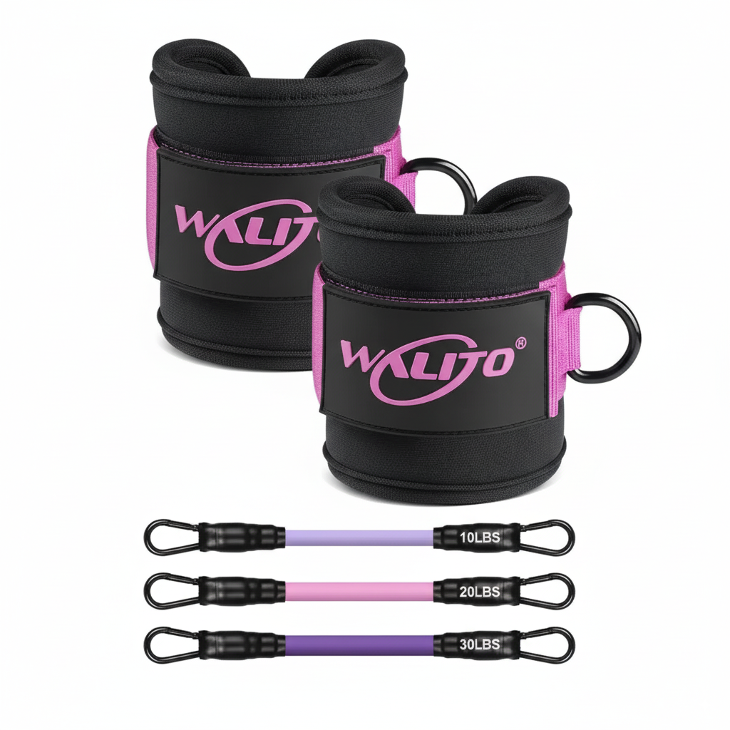Padded ankle straps + 3 bands (10/20/30 lbs). Perfect for glute kickbacks, leg toning, and strength training. Comfortable, durable, travel-friendly. Includes carry bag.