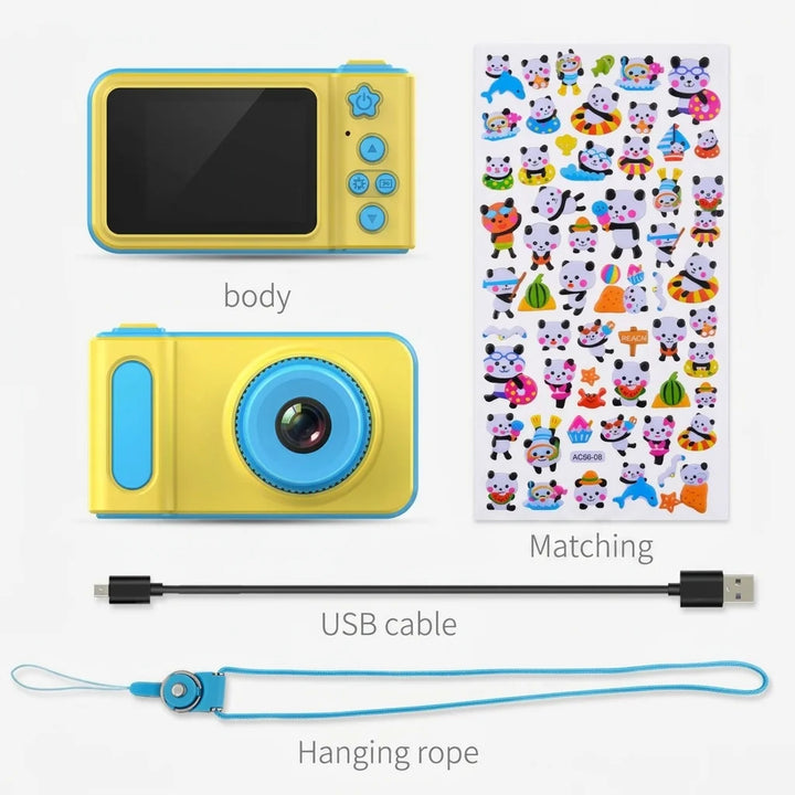 Yellow and blue toy camera set with matching stickers, USB cable, and hanging rope on a white background.