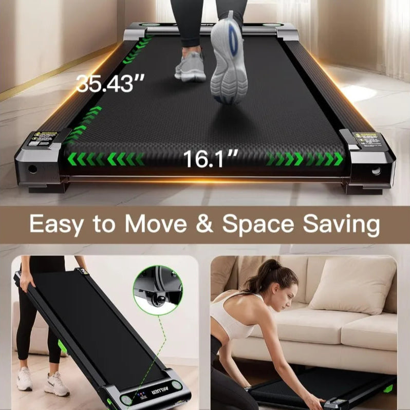 Akluer 5% incline walking pad – full view of black and green under desk treadmill with LED display, remote, and compact design for home or office