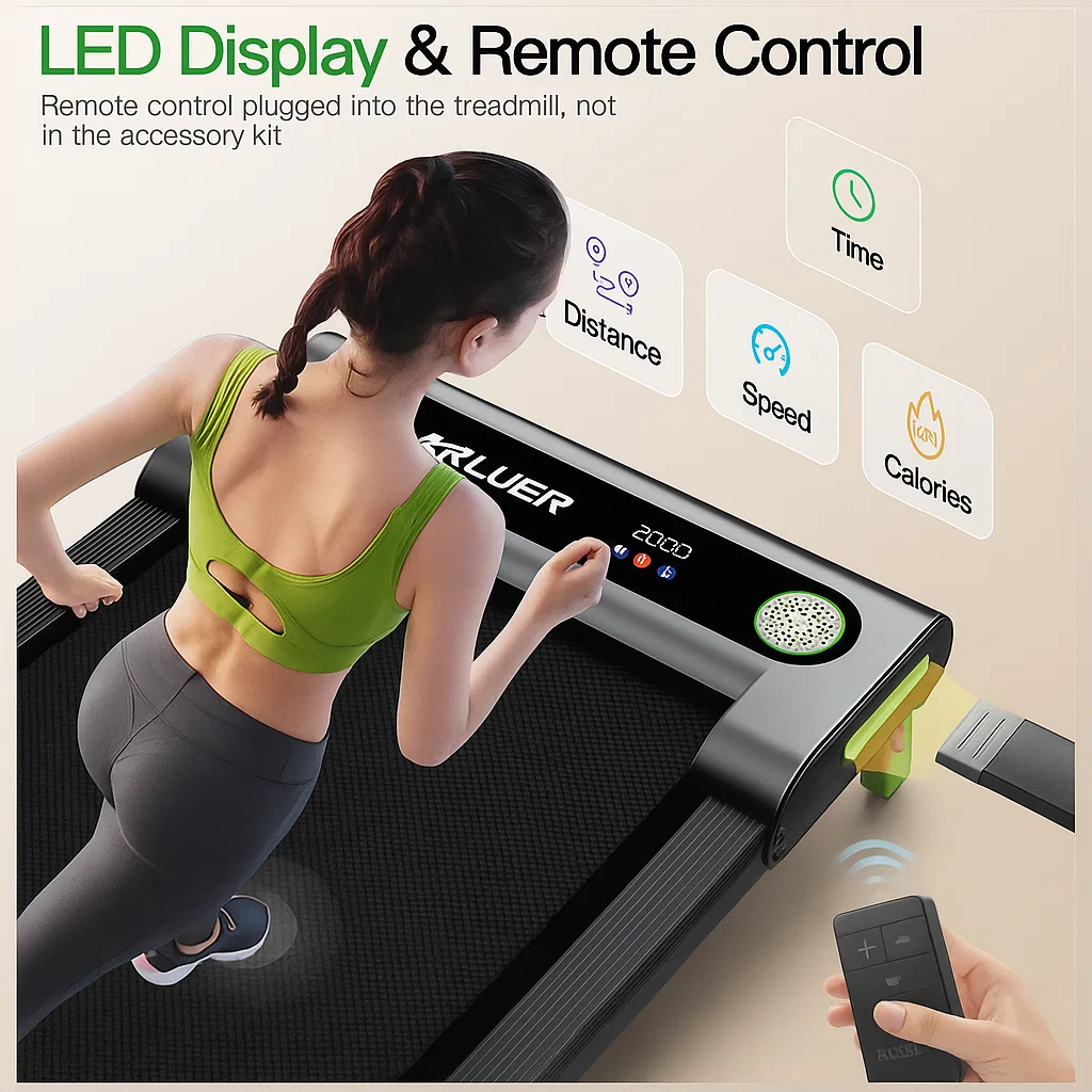 Akluer walking pad with LED display and remote control – track time, distance, speed, and calories burned while walking or running at home or office