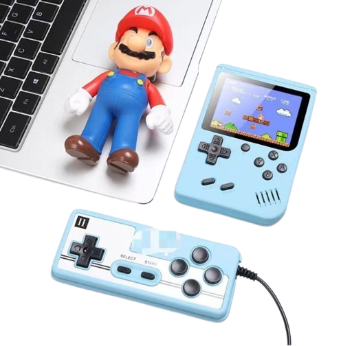 blue retro game console, wired controller