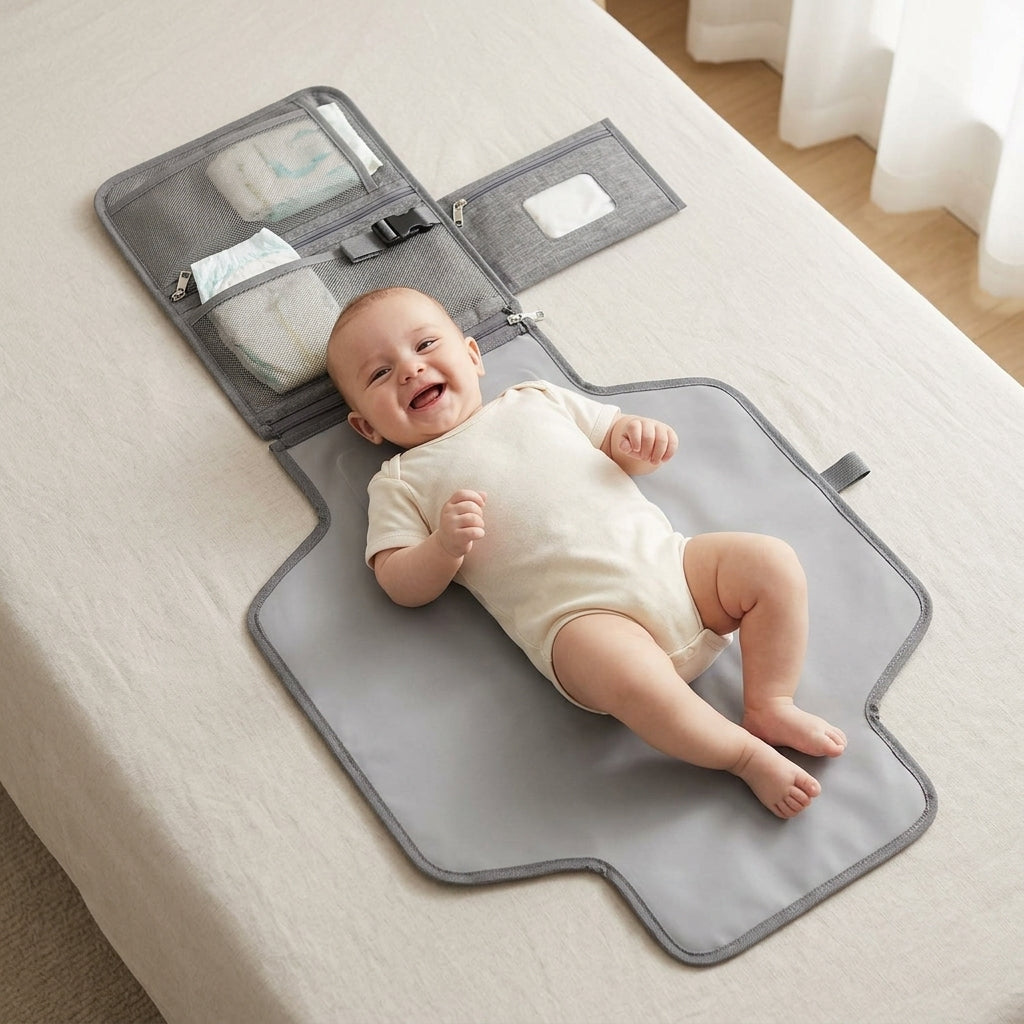 A baby lying on a gray changing pad attached to a bed, with diaper storage pockets and folded diapers visible in the open section above.