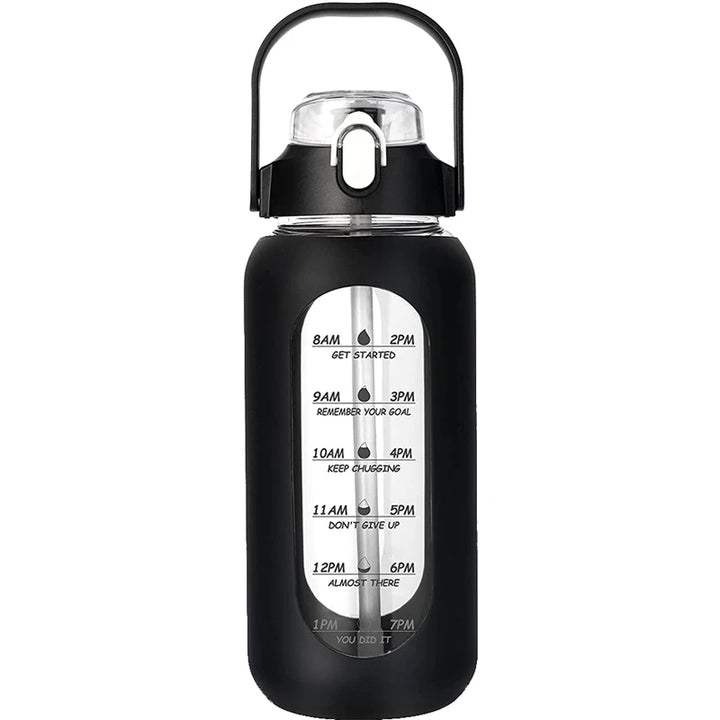 Black insulated water bottle with hourly hydration reminders – perfect for fitness and gym use