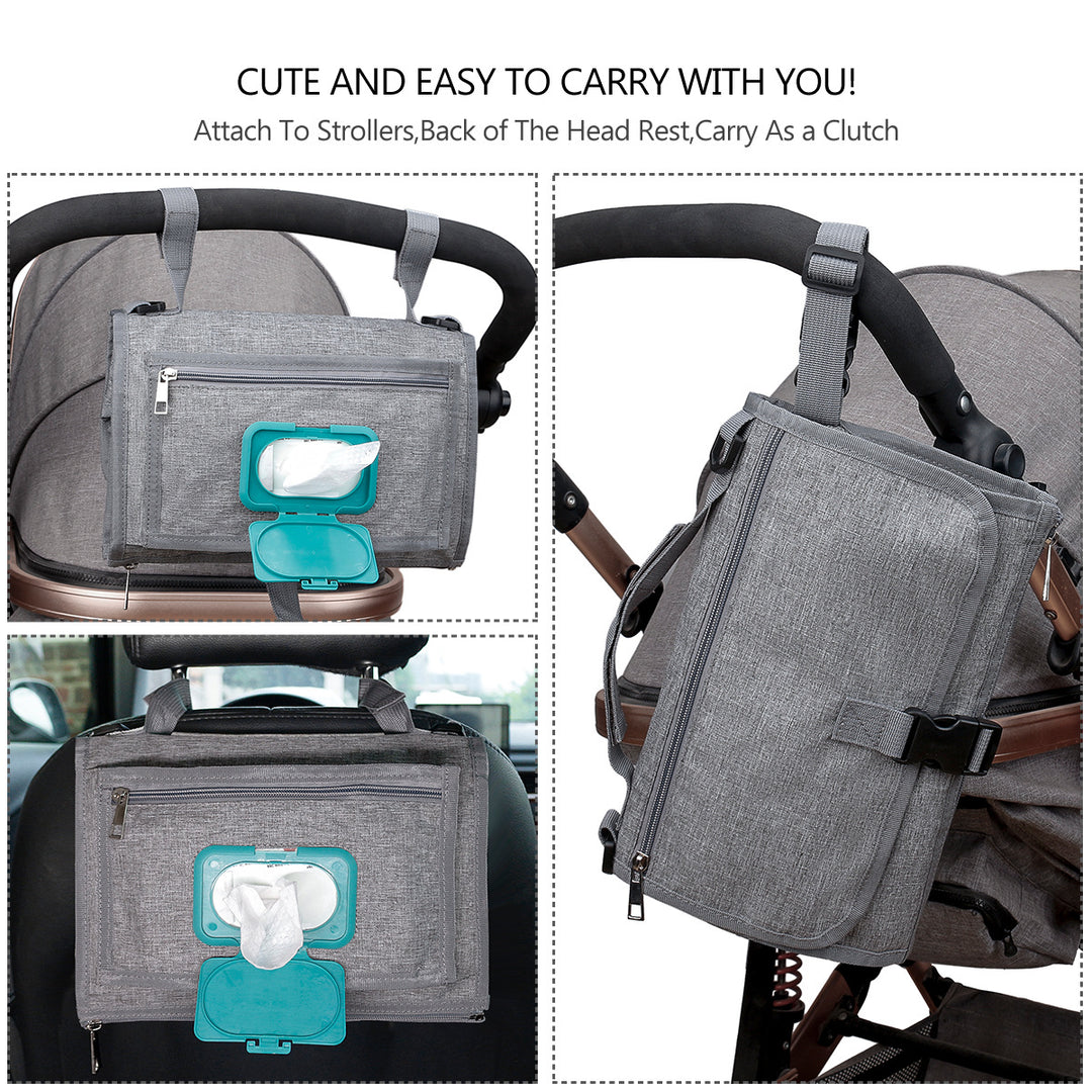 gray diaper bag with baby