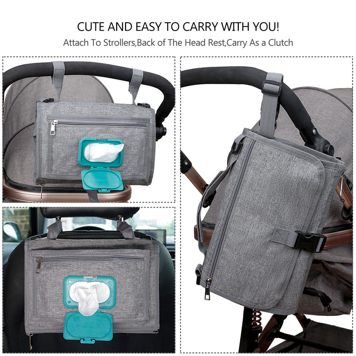 gray diaper bag with baby