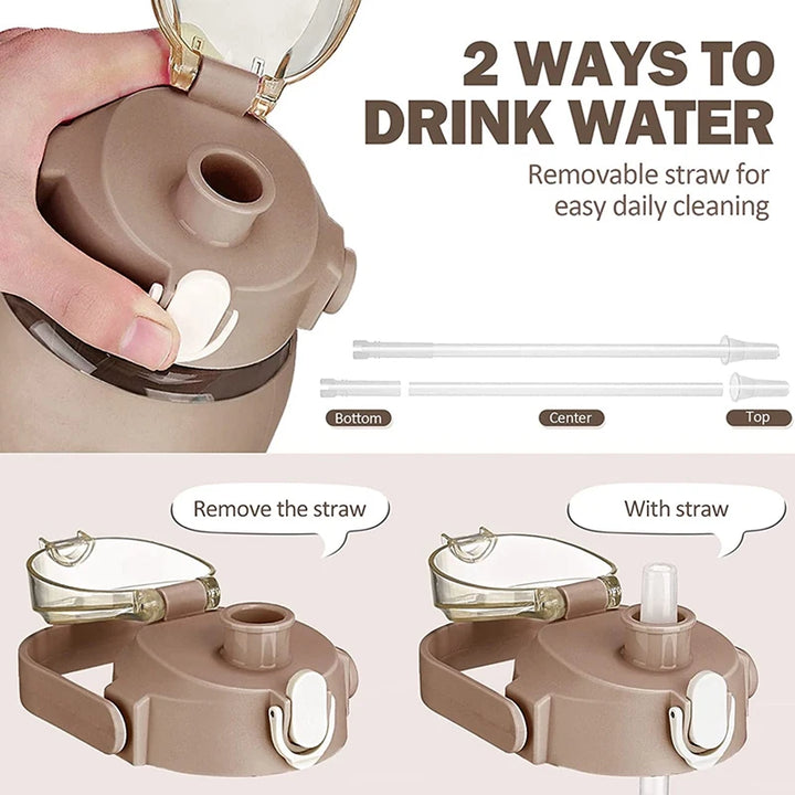 Daily hydration tracker water bottle with motivational phrases and time markers – perfect for women and men