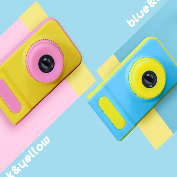 pink and yellow camera, blue and yellow camera