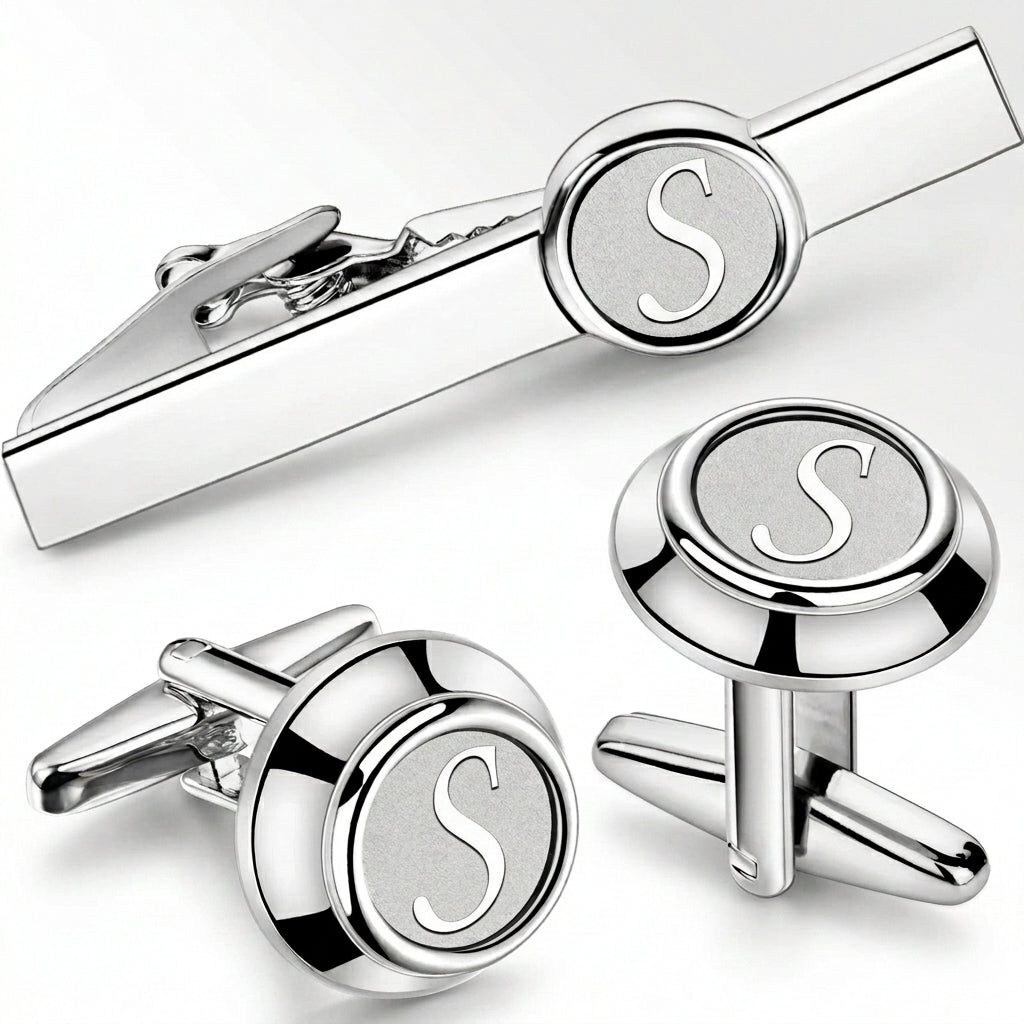 Initial Cufflinks & Tie Clip - Elegant Monogram Set