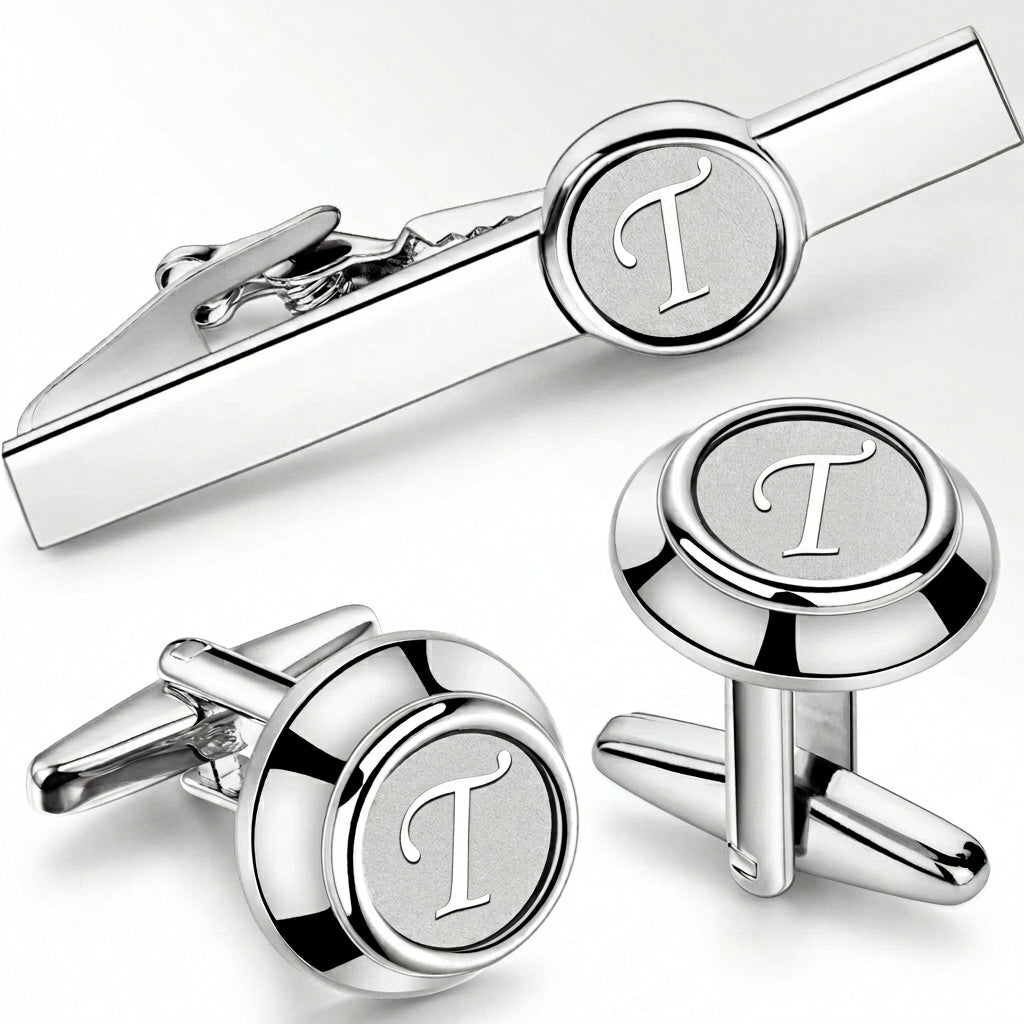 Initial Cufflinks & Tie Clip - Elegant Monogram Set